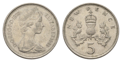Великобритания 5 пенсов 1970 Елизавета II (1952-2022) KM 911, Spink 4233 (D1) медно-никель 4635-127