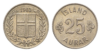 Исландия 25 эйре 1963 KM 11 медно-никель UNC 4696-335