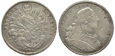 Бавария 1 талер 1759 А, Максимилиан III Иосиф (1745-1777), монетный двор Munich, KM 223.2, Dav. 1952 серебро 1067-1-21