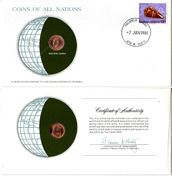 Самоа 1 сене 1974 конверт с маркой первого дня гашения, Coins of Nations KM 12 бронза UNC 4294-59-1