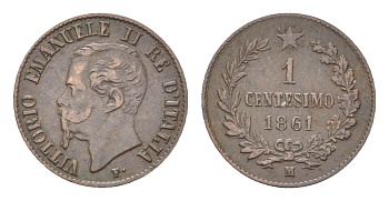 Италия 1 чентезимо 1861 M, Виктор Эммануил II (1861-1878) KM 1.1 медь 4580-1113
