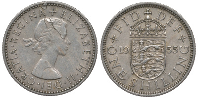 Великобритания 1 шиллинг 1955 Елизавета II (1952-2022), Английский герб, раскол штемпеля KM 904, Spink 4147 медно-никель 4122-1033
