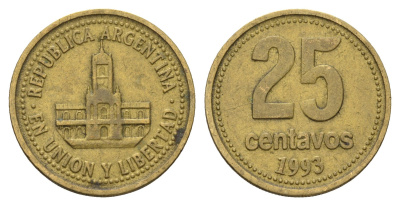 Аргентина 25 сентаво 1993 ратуша Буэнос-Айреса KM 110.1 алюминиевая бронза 4575-522