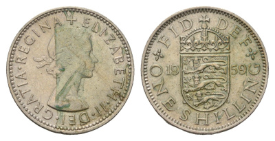Великобритания 1 шиллинг 1959 Елизавета II (1952-2022), Английский герб KM 904, Spink 4147 медно-никель 4182-1153