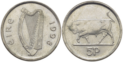 ИРЛАНДИЯ 5 ПЕНСОВ 1998 БЫК KM 28 медно-никель 179-1023