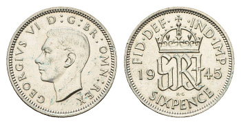 Великобритания 6 пенсов 1945 Георг VI (1936-1952) KM 852, Spink 4084 серебро 99-934