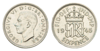 Великобритания 6 пенсов 1945 Георг VI (1936-1952) KM 852, Spink 4084 серебро 99-934