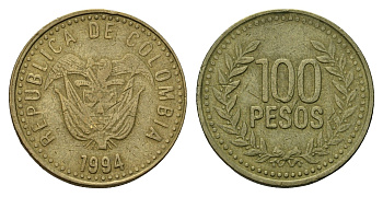 Колумбия 100 песо 1994 KM 285 латунь 4539-1143