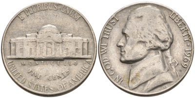 США 5 центов 1969 D, Джефферсон KM А192 медно-никель 92-1145