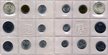 Сан-Марино годовой набор из 8 монет (1, 2, 5, 10, 20, 50, 100 и 500 лир) 1974 в запайке KM 30, 31, 32, 33, 34, 35, 36 и 37 алюминий, алюминиевая бронза, нержавеющая сталь и серебро UNC 4-3-5-18