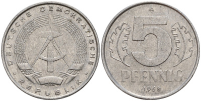 ГДР 5 пфеннигов 1968 A KM 9.1 алюминий 211-563