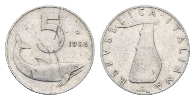 Италия 5 лир 1954 R, плуг, дельфин KM 92 алюминий 4685-141