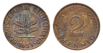 ФРГ 2 пфеннига 1959 D KM 106, J. 381 бронза 4528-331