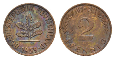 ФРГ 2 пфеннига 1959 D KM 106, J. 381 бронза 4528-331