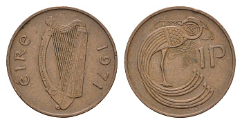 Ирландия 1 пенни 1971 мифологическая птица лира KM 20 бронза 4690-347
