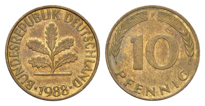 ФРГ 10 пфеннигов 1988 F KM 108, J.383 сталь плакированная латунью 4606-1233