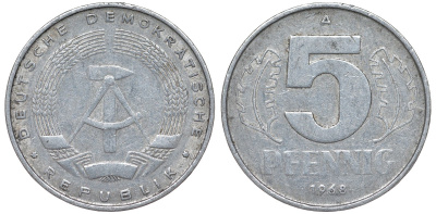 ГДР 5 ПФЕННИГОВ 1968 A KM 9.1 алюминий 62-123
