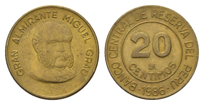 Перу 20 сентимо 1986 Мигель Грау Семинарио KM 294 латунь aUNC 4674-1057