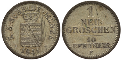Саксония 1 новый грош - 10 пфеннигов 1851 Фридрих Август II (1797-1854) KM 1159, J. 82 серебро aUNC 413-4641