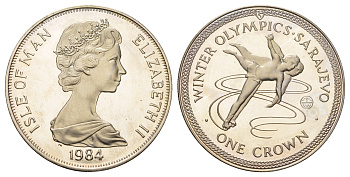 Остров Мэн 1 крона 1984 XIV зимние Олимпийские Игры, Сараево 1984 KM 117a серебро PROOF 11-252-34