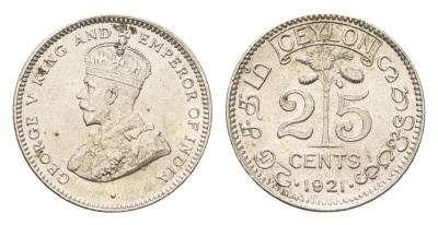 Цейлон 25 центов 1921 B, Георг V (1910-1936) KM 105a серебро UNC 1526-911
