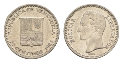Венесуэла 25 сентимо 1965 Симон Боливар Y 40 никель 4613-269