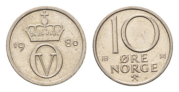 Норвегия 10 эре 1980 Улаф V (1957-1991) KM 416 медно-никель UNC 4684-726