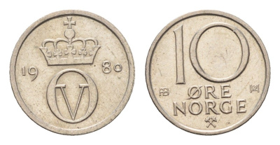 Норвегия 10 эре 1980 Улаф V (1957-1991) KM 416 медно-никель UNC 4684-726
