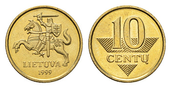 Литва 10 центов (сентов) 1999 KM 106 никель латунь UNC 4689-1124