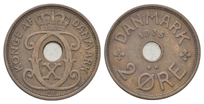Дания 2 эре 1935 N, Кристиан X (1912-1947) KM 827 бронза 4701-823