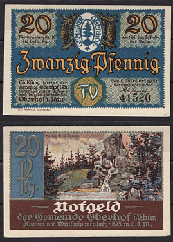 Германия, Оберхоф 20 пфеннигов 1921 Нотгельд, юбилейный выпуск Gra 996.4-6/18 бумага 7555-46-2-2