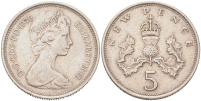 Великобритания 5 новых пенсов 1970 Елизавета II (1952-2022) KM 911, Spink D1 медно-никель 4128-344