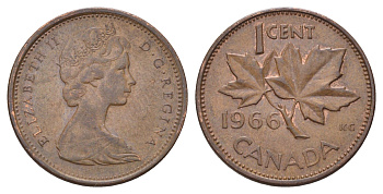 Канада 1 цент 1966 Елизавета II (1952-2022), кленовый лист KM 59.1 бронза 4689-323