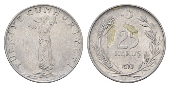 Турция 25 курушей 1973 KM 892.3 нержавеющая сталь 4635-411