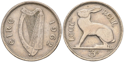 Ирландия 3 пенса 1962 заяц KM 12а медно-никель 4580-167