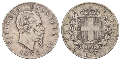 Италия 5 лир 1876 R, Виктор Эммануил II (1861-1878) KM 8.4 серебро 413-824