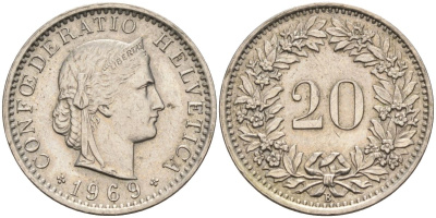 Швейцария 20 раппенов 1969 В KM 29а медно-никель 4592-917