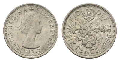 Великобритания 6 пенсов 1966 Елизавета II (1952-2022) KM 903, Spink 4149 медно-никель 192-149
