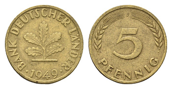 ФРГ 5 пфеннигов 1949 J KM 102, J. 377 сталь плакированная латунью 4685-412
