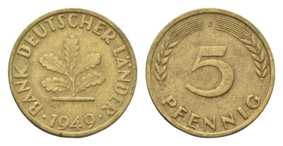 ФРГ 5 пфеннигов 1949 J KM 102, J. 377 сталь плакированная латунью 4685-412