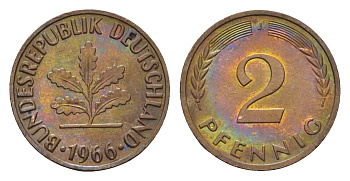 ФРГ 2 пфеннига 1966 J KM 106, J. 381 бронза 3458-654