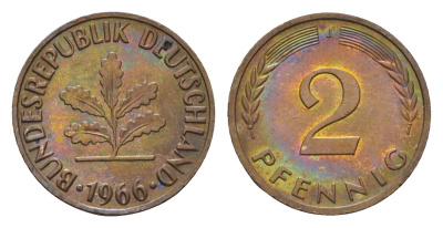 ФРГ 2 пфеннига 1966 J KM 106, J. 381 бронза 3458-654