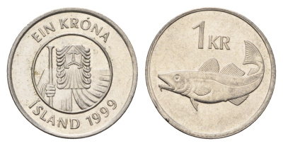 Исландия 1 крона 1999 треска KM 27a сталь плакированная никелем UNC 4687-853