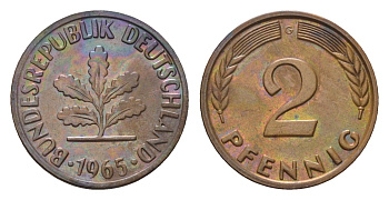 ФРГ 2 пфеннига 1965 G KM 106, J. 381 бронза 214-717