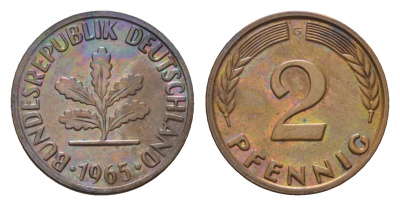 ФРГ 2 пфеннига 1965 G KM 106, J. 381 бронза 214-717