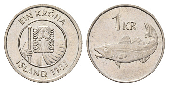 Исландия 1 крона 1987 треска KM 27 медно-никель 4691-541