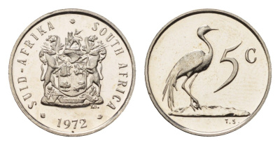 ЮАР 5 центов 1972 герб, райский журавль KM 84 никель PROOF 4690-862