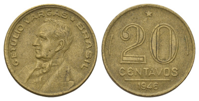 Бразилия 20 сентаво 1946 Жетулиу Варгас KM 556a алюминиевая бронза 4174-361