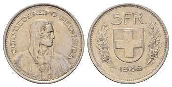 Швейцария 5 франков 1968 B KM 40a.1 медно-никель 4536-114