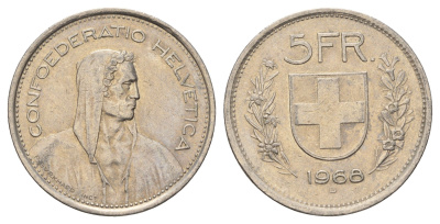 Швейцария 5 франков 1968 B KM 40a.1 медно-никель 4536-114